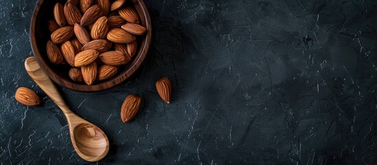 Poster - Copy space image of almonds on a wooden cup and spoon.
