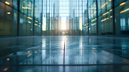 Aufkleber - The polished floor of an office building lobby reflects the bright sunlight filtering through the glass walls.
