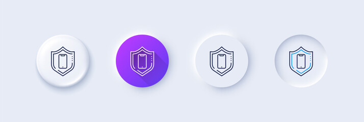 Poster - Smartphone protection line icon. Neumorphic, Purple gradient, 3d pin buttons. Phone shield sign. Mobile device symbol. Line icons. Neumorphic buttons with outline signs. Vector
