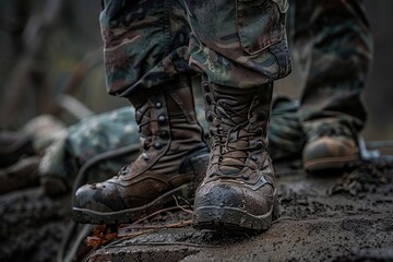 Army Brown Beret Boot Camouflage Clothing Conceal Disguise. Concept of Automatic Weapon in Army Camouflage