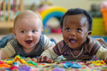 Babies Play. Multicultural Infants Playing Happily in a Colorful Playroom