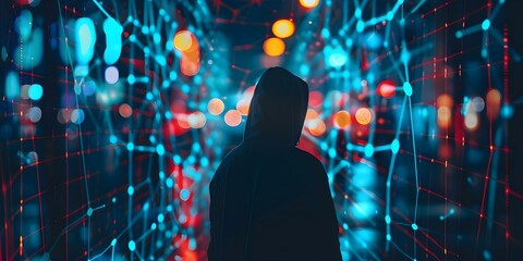 Wall Mural - Anonymous hacker in glowing data network poses cybersecurity threat. Concept Cybersecurity, Hacker, Glowing Data Network, Anonymous Poses, Threat