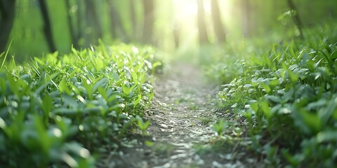 Wall Mural - Realistic depiction of a serene forest glade with sundappled paths. Concept Nature Photography, Serene Landscapes, Sunlit Forest, Tranquil Scenes