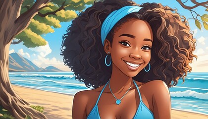 black woman smiling with light blue bikini posing by a tree on the beach, cartoon style