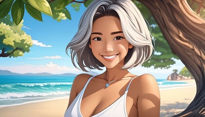 Wall Mural - blonde woman with short hair and white bikini posing by a tree on the beach, cartoon style, 