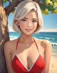 blonde woman with short hair and red bikini posing by a tree on the beach, cartoon style