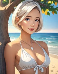 Wall Mural - blonde woman with short hair and white bikini posing by a tree on the beach, cartoon style,