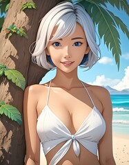 Sticker - blonde woman with short hair and white bikini posing by a tree on the beach, cartoon style