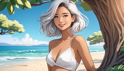 Sticker - blonde woman with short hair and white bikini posing by a tree on the beach, cartoon style