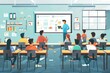 © Thanyaporn - Flat design illustration of a modern classroom setting with students engaged in a group discussion while using tablets and laptops. The teacher stands at the front of the class using an interactive