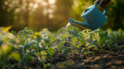 Watering plants with a blue watering can