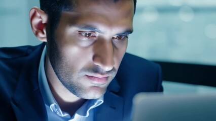 Poster - A man in a blue suit sits at a desk and works on a laptop in a dimly lit office.