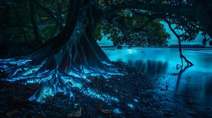 Wall Mural - Magical Bioluminescent Tree with Glowing Roots in a Dark Fantasy Landscape