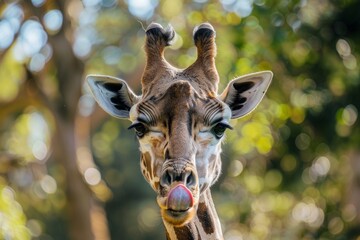 Wall Mural - Close-up funny portrait of adult Rothschild Giraffe (Giraffa camelopardalis rothschildi) sticking out its tongue