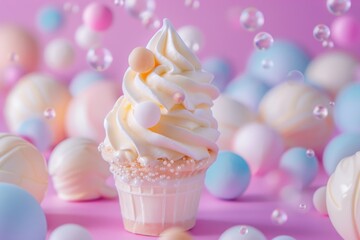 A delicious-looking cupcake with white frosting and colorful sprinkles on a pink background