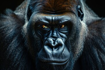 Close-up portrait of gorilla against black background