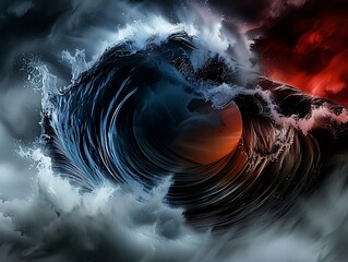 Wall Mural - An abstract depiction of waves crashing against each other in different directions, representing natural conflict and chaos, with dynamic colors and motion. copy space for text, focus cover all
