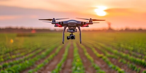 Wall Mural - An advanced autonomous robot drone with sensors operates in an agricultural field. Concept Agricultural Robotics, Drone Technology, Sensor Integration, Autonomous Systems, Precision Agriculture