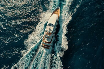 Wall Mural - Aerial view of a lavish yacht cruising on the blue ocean waters, leaving a wake behind