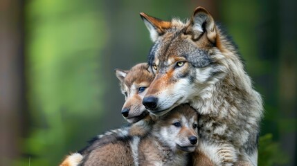   Two adult wolves and a baby wolf pose in the grass, faces turned away from one another; trees loom behind them