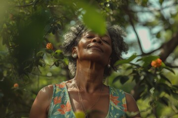 A woman stands in front of a tree, gazing upwards