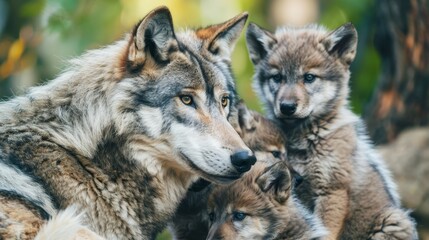   A pack of wolves aligned next to one another faces off against another wolf pack in the forest
