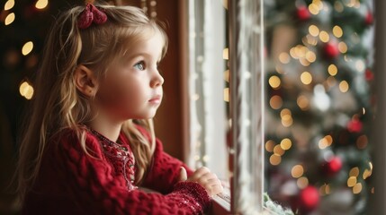 A young girl gazes out at a decorated Christmas tree from her cozy home