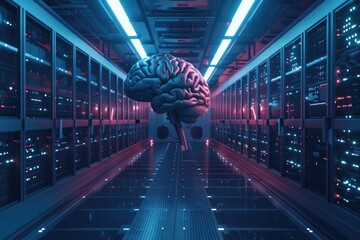 Poster - A person standing in a server room with a brain on their head, likely representing an IT professional or someone in the tech industry