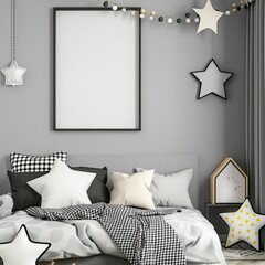 kids modern bedroom, bed, mock-up picture frame on wall, space theme, black and grey style