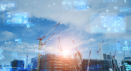 Aufkleber - Construction site and digital technology concept. Wide angle visual for banners or advertisements.