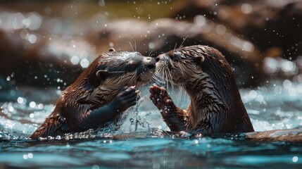 Wall Mural -  Two sea otters interacting in the water, holding onto each other with their front paws, appearing to exchange affectionate kisses