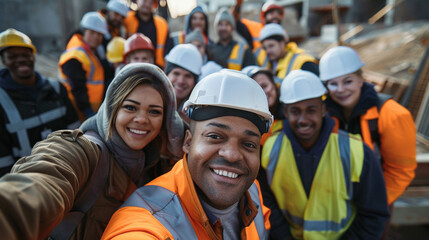 group selfie of male and female construction workers show unity at the construction site