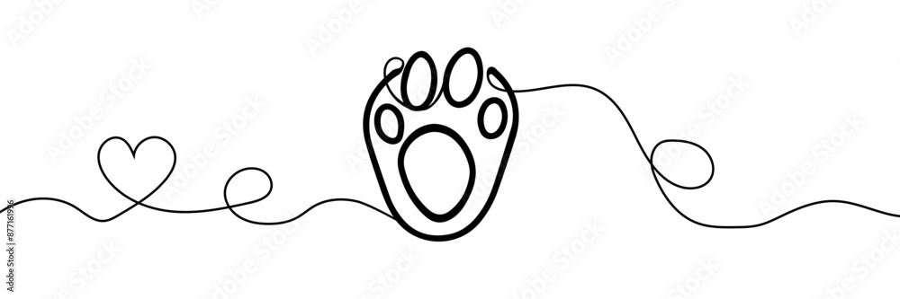 Dog or cat paw footprint and heart in continuous one line drawing of ...