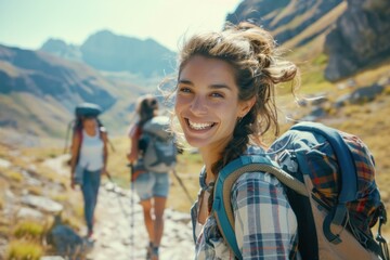 Smiling woman with backpack hiking in mountains, accompanied by friends, evoking adventure