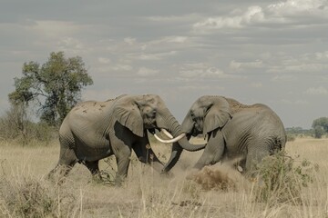 Canvas Print - Two Bull Elephants battle over Bush territory