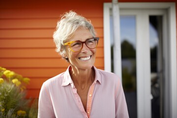 Wall Mural - Senior woman with glasses standing in front of her house smiling at the camera