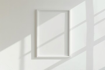 White rectangular vertical frame hanging on a white wall mockup. Clear design mock up template reflection, shadow overlay