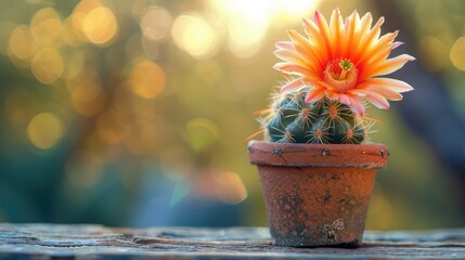 Poster - Cactus blooming beautifully on rustic desk