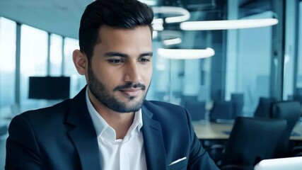 Poster - A businessman in a suit and white shirt sits at a desk in a modern office, concentrating on his work on a laptop.