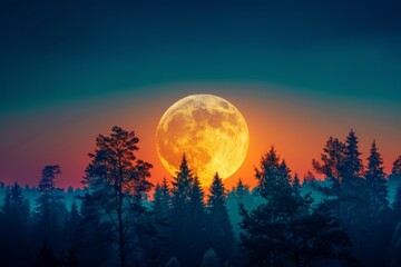 Wall Mural - Full Moon Over Forest Sunset