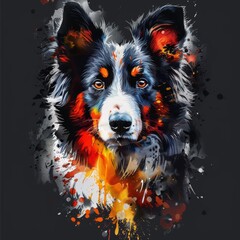 Naklejka na meble Artistic splash painting of a Border Collie dog with vibrant colors on a dark background, showcasing its expressive face.