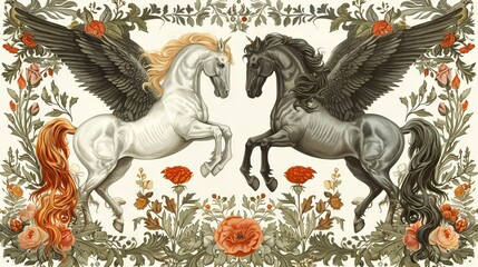 Naklejka na meble Two winged horses on white background, one white and one brown, rear on their hind legs label design  