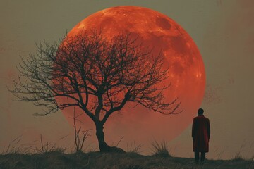 Sticker - Large Red Moon Over Bare Tree and Silhouetted Figure