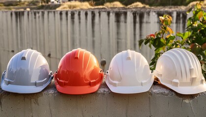 A row of hard hats sitting on top of a cement wall. Suitable for construction and workplace safety themes 