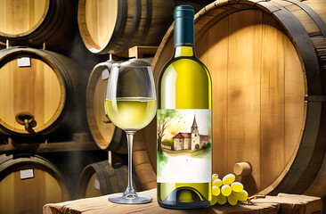 Bottle of white wine in a rustic wine cellar