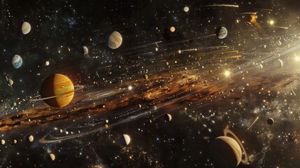 Wall Mural - panoramic solar system display: all planets aligned in space exploration concept