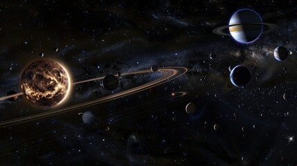 Wall Mural - panoramic solar system alignment - planets aligned in outer space exploration and astronomy concept