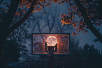 Canvas Print - Full Moon Basketball Hoop