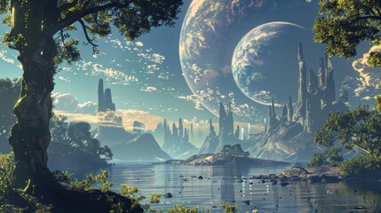 Wall Mural - mystical landscape of an alien planet with a colorful sky - extraterrestrial world exploration conce