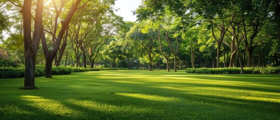 Wall Mural - idyllic park landscape featuring green lawns and towering trees offering a tranquil atmosphere
